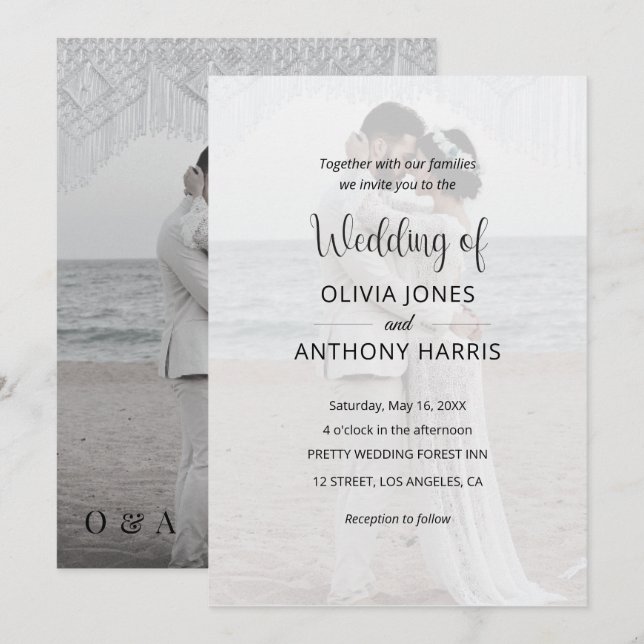 Invitación Simple Black & White Overlay Photo Wedding (Anverso / Reverso)