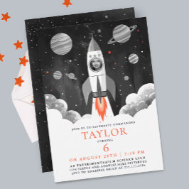 Invitación Simple Black White Rocket Ship Moon Galaxy Photo