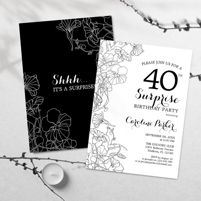 Invitación Simple Black White Surprise 40.º Fiesta de cumplea (Subido por el creador)