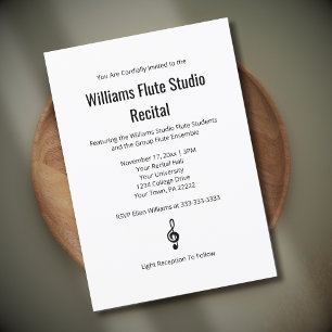 Invitación Simple Black White Treble Clef Flute Music Recital