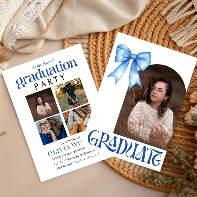 Invitación Simple Blue Bow Design Graduation with Photos (Subido por el creador)