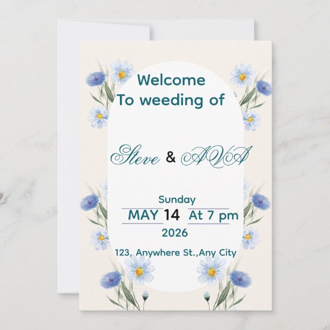 Invitación Simple Blue Floral Wedding Invitation (Anverso)