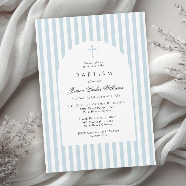Invitación Simple Blue Stripes Baptism Invitation for Boy (Available in both printed and instant download digital formats.)