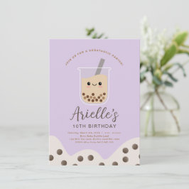 Invitación Simple Boba Burbuja Leche Té Morado Cumpleaños