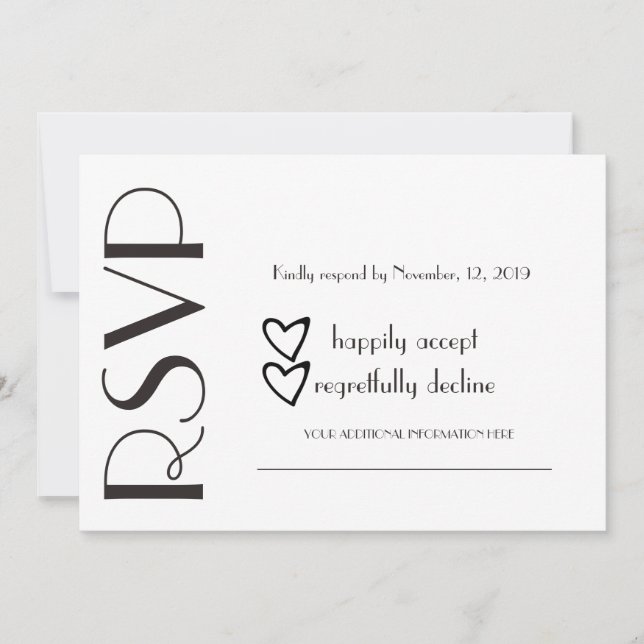 Invitación Simple Boda Corazón Negro Blanco RSVP (Anverso)