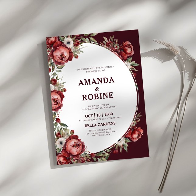 Invitación Simple Boda de acuarela floral borgoña (Subido por el creador)