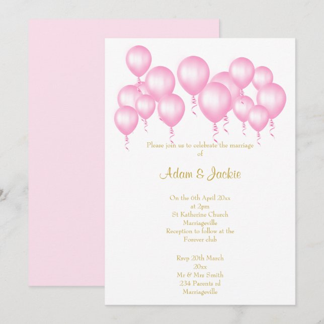 INVITACIÓN SIMPLE BODA DE BALONES BLANCOS DE COLOR ROSA (Anverso / Reverso)