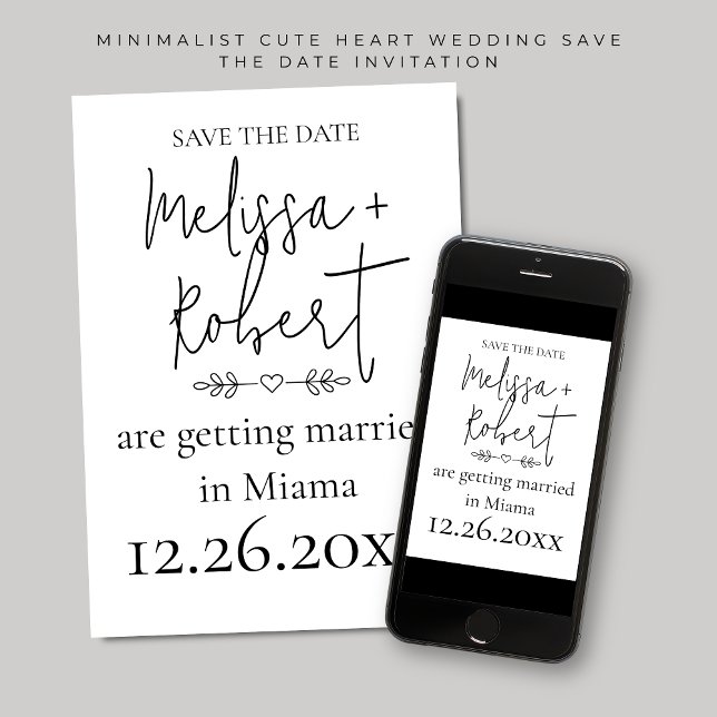 Invitación Simple Boda de Corazón Guardar la fecha (Minimalist Cute Heart Wedding Save the Date Invitations)