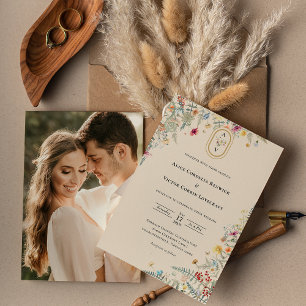 Invitación Simple Boda de fern de flores silvestres monograma