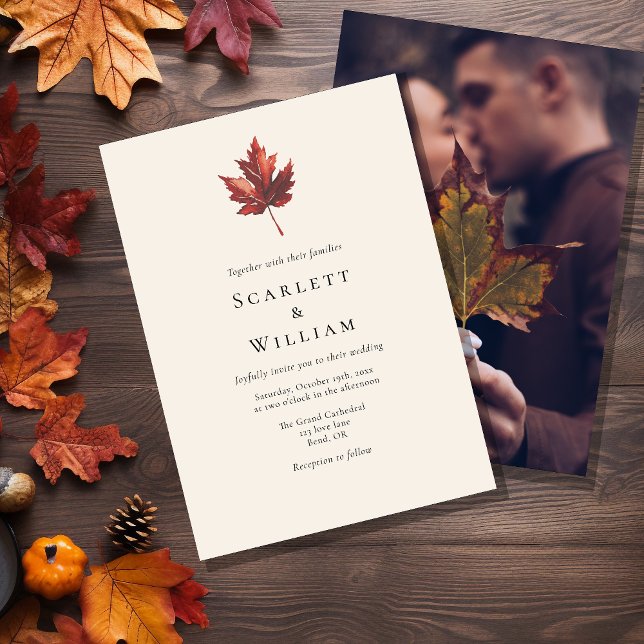 Invitación Simple Boda de fotos de crema de hojas de otoño mí (Subido por el creador)