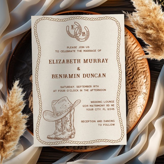 Invitación Simple Boda de herradura occidental monograma (Subido por el creador)