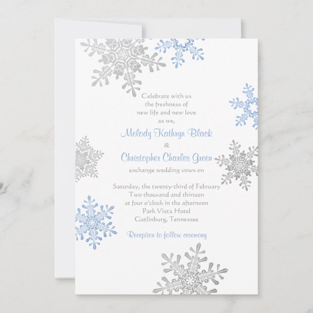 Invitación Simple Boda de Invierno con Copo de Nieve de Plata (Anverso)