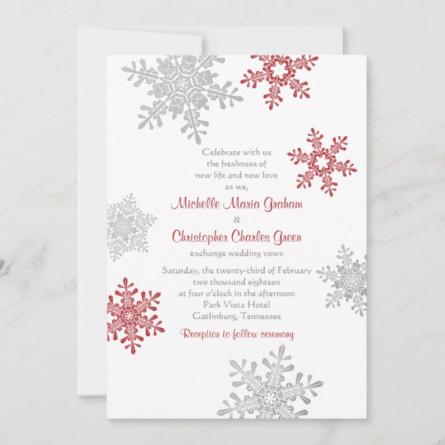 Invitación Simple Boda de Invierno de Plata Roja con Snowflak (Anverso)
