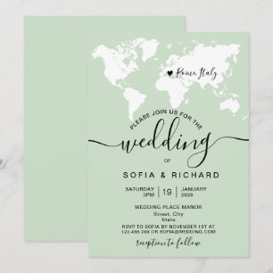 Invitación Simple Boda Destino Mapa Mundial Acuarela En