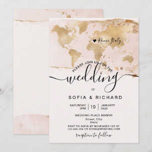 Invitación Simple Boda Destino Mapa Mundial Acuarela En