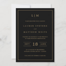 Invitación Simple Boda Elegante en Monograma Negro y Oro
