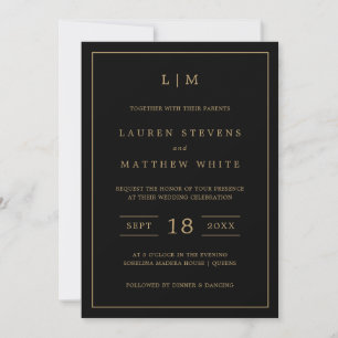 Invitación Simple Boda Elegante en Monograma Negro y Oro