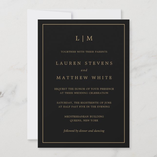Invitación Simple Boda Elegante en Monograma Negro y Oro (Anverso)