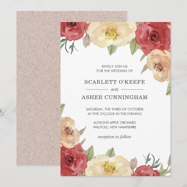 Invitación Simple Boda Floral Roja Elegante (Anverso / Reverso)