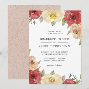 Invitación Simple Boda Floral Roja Elegante