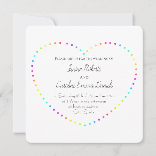 Invitación Simple Boda lesbiana del corazón del arcoiris (Anverso)