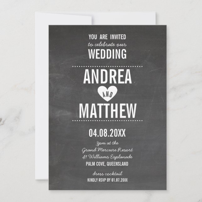 Invitación SIMPLE BODA lindo tipo liso cardíaco tiza (Anverso)