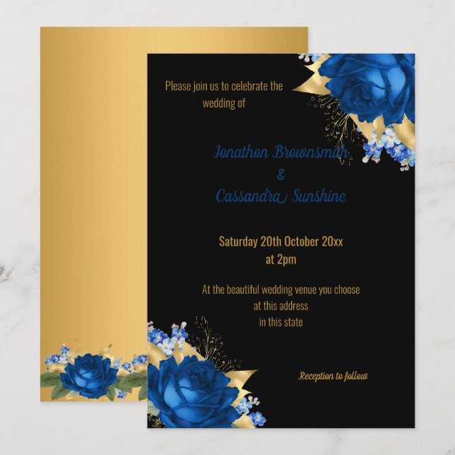 INVITACIÓN SIMPLE BODA NEGRO DE ORO AZUL MODERNO (Anverso / Reverso)