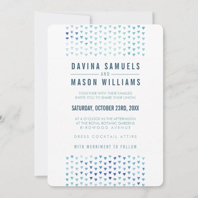 Invitación SIMPLE BOHO BODA modelo triangular moderno azul (Anverso)