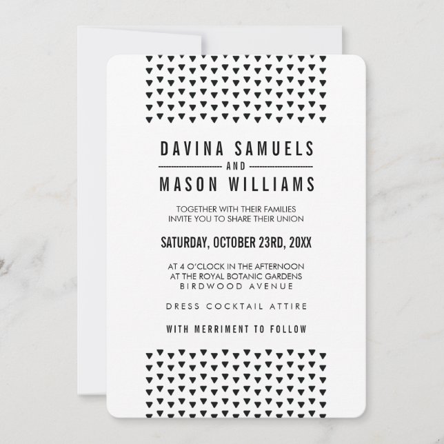 Invitación SIMPLE BOHO BODA modelo triangular moderno negro (Anverso)