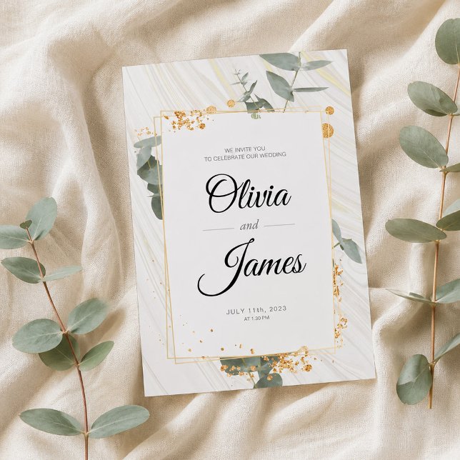 Invitación Simple boho oro verde elegante compromiso boda (Elegant Eucalyptus Botanical Gold Wedding Invitation, Wedding Announcement)