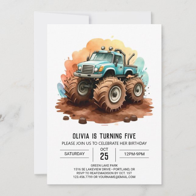 Invitación Simple Boho Wheels Monster Truck Cumpleaños (Anverso)