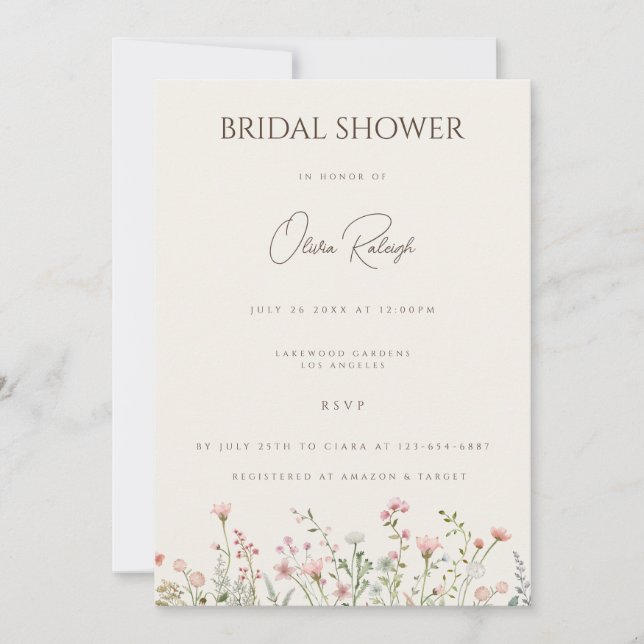 Invitación Simple Boho Wildflower Beige Bridal Shower Card (Anverso)