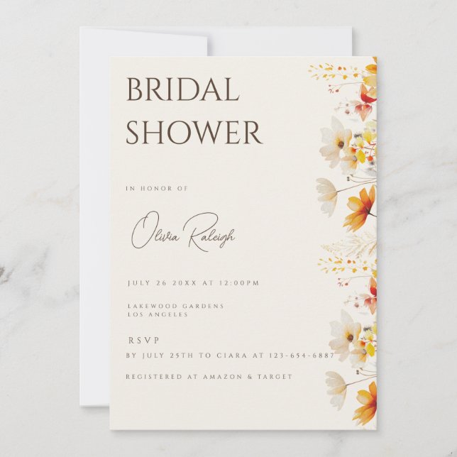 Invitación Simple Boho Wildflower Beige Bridal Shower Card (Anverso)