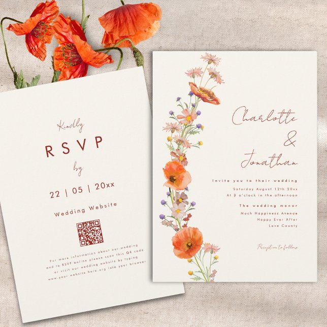 Invitación Simple Boho Wildflower Boda Caída Código QR (Boho wildflower fall wedding invitation RSVP qr code)