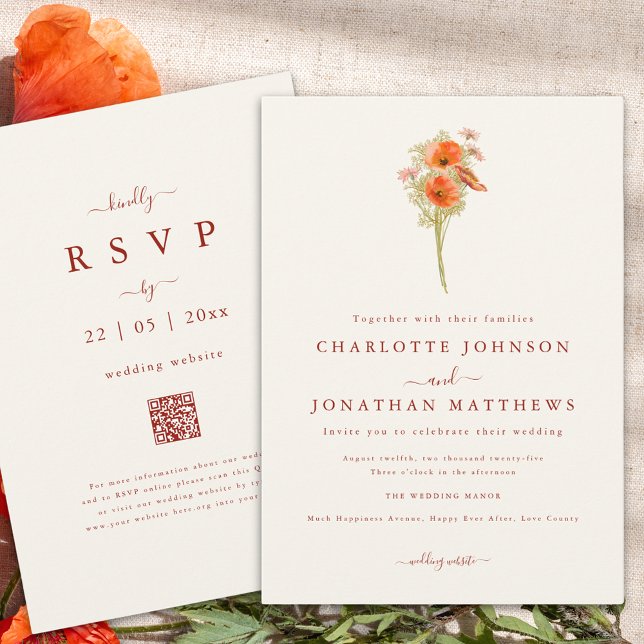 Invitación Simple Boho Wildflower Fall Wedding (Minimalist wildflower fall wedding invitation with wedding website qr code)
