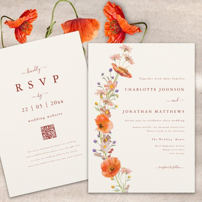 Invitación Simple Boho Wildflower Fall Wedding (Elegant boho wildflower fall wedding invitation with qr code and burnt orange script )