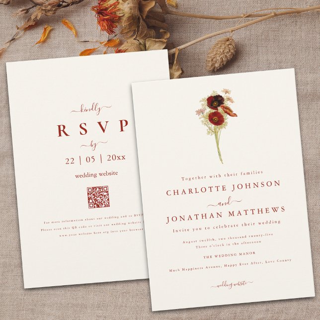 Invitación Simple Boho Wildflower Otoño Código QR a través de (Simple Wildflower brown orange floral Wedding qr code invitation )