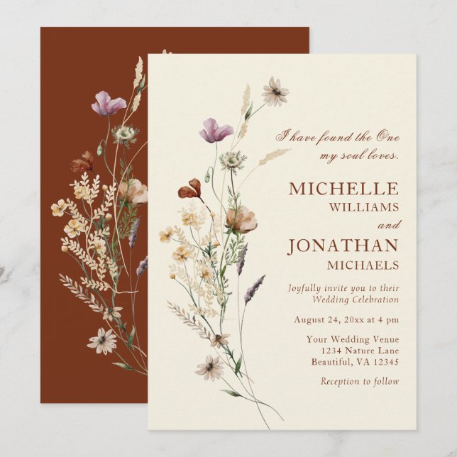 Invitación Simple Boho Wildflowers Floral Christian Boda (Anverso / Reverso)