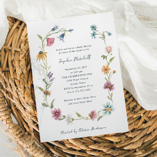 Invitación Simple Boho Wildflowers Wreath   Baby Shower
