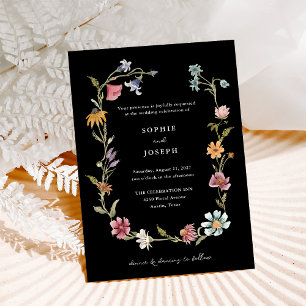 Invitación Simple Boho Wildflowers Wreath   Boda negro