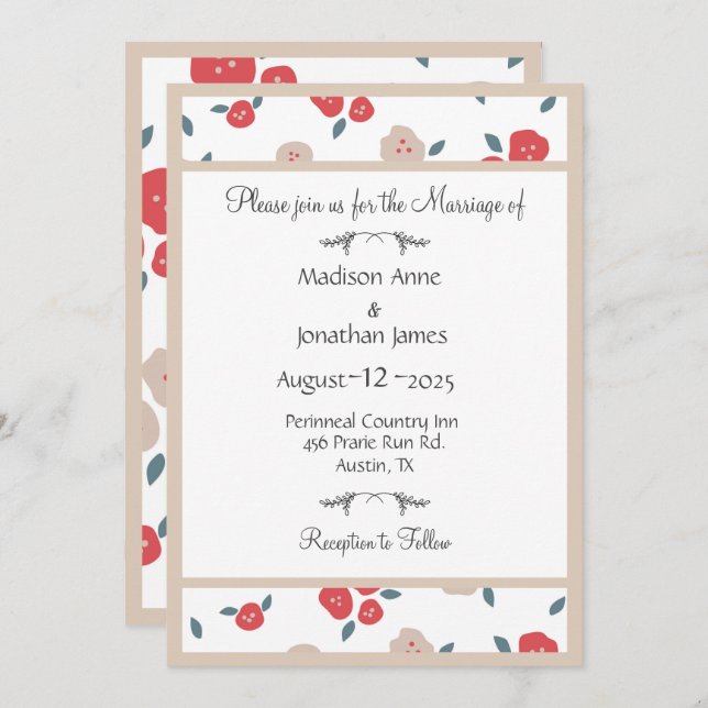 Invitación Simple Bonito Rojo Floral Boda de campo (Anverso / Reverso)