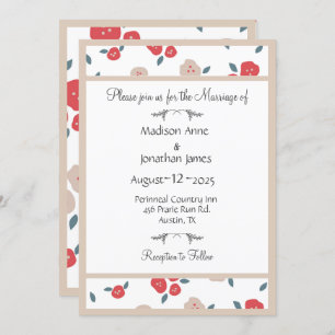 Invitación Simple Bonito Rojo Floral Boda de campo