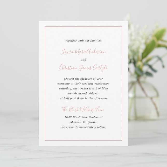 Invitación Simple borde Formal Rubor Elegante rosado Wedding (Anverso de pie)