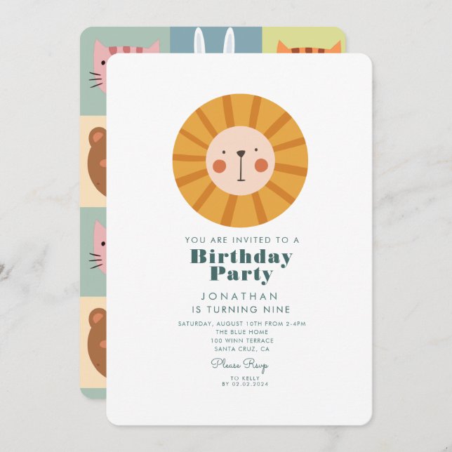 Invitación Simple bosque de leones con animales Cumpleaños (Anverso / Reverso)