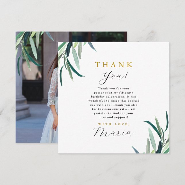 Invitación Simple Botánica 15th Birthday Gracias Foto (Anverso / Reverso)