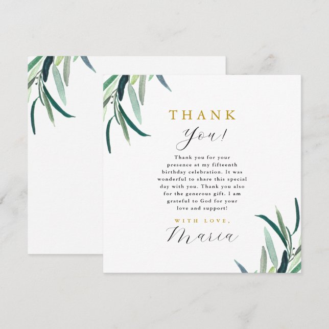 Invitación Simple Botánico 15º cumpleaños Gracias (Anverso / Reverso)