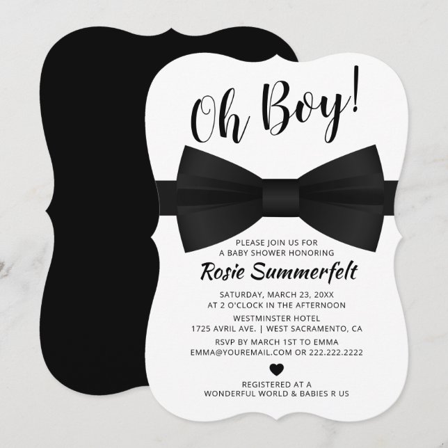 Invitación Simple Bow Tie Blanco y negro | BABY SHOWER (Anverso / Reverso)
