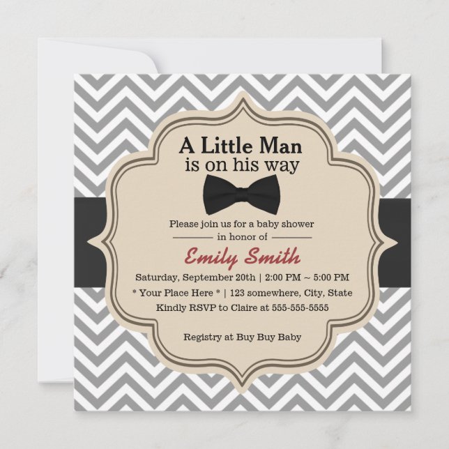 Invitación Simple Bow Tie Pequeño Hombre Chevron Baby Shower (Anverso)