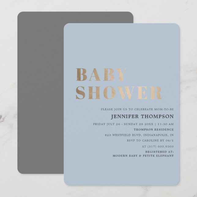 Invitación Simple Boy Blue & Gold Baby Shower (Anverso / Reverso)