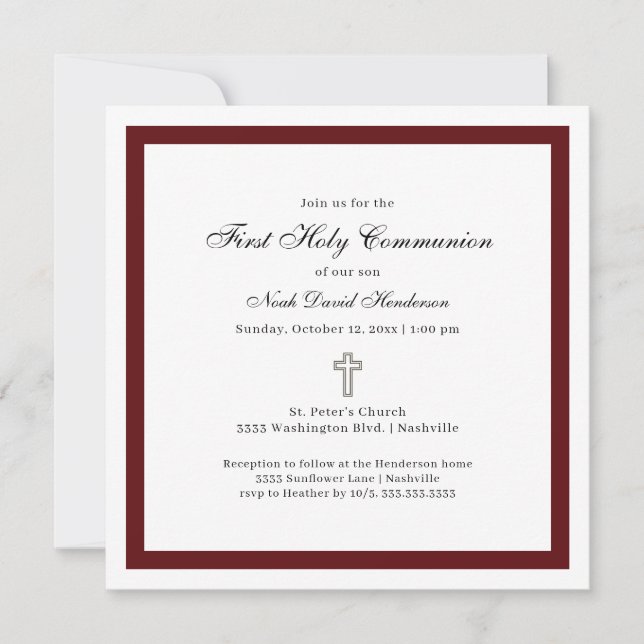 Invitación Simple Burgundy and White First Holy Communion  (Anverso)